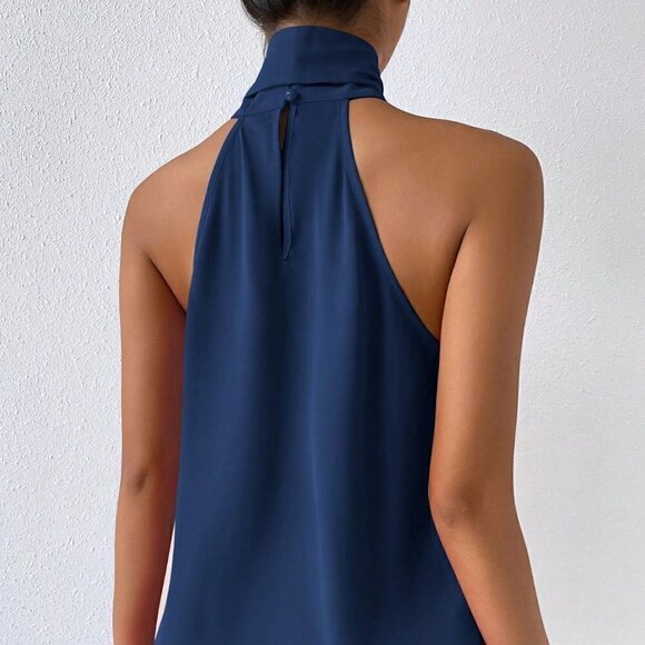 Navy Blue Preppy Womens Solid Tie Neck Halter Top - Picture 3 of 5